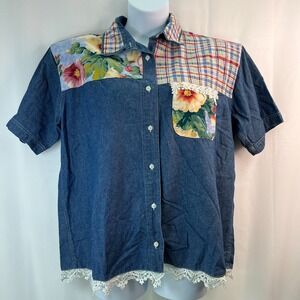 VTG‎ Glitter Gold Shirt Womens 3X Blue Denim Patchwork Lace Country Peasant Boho